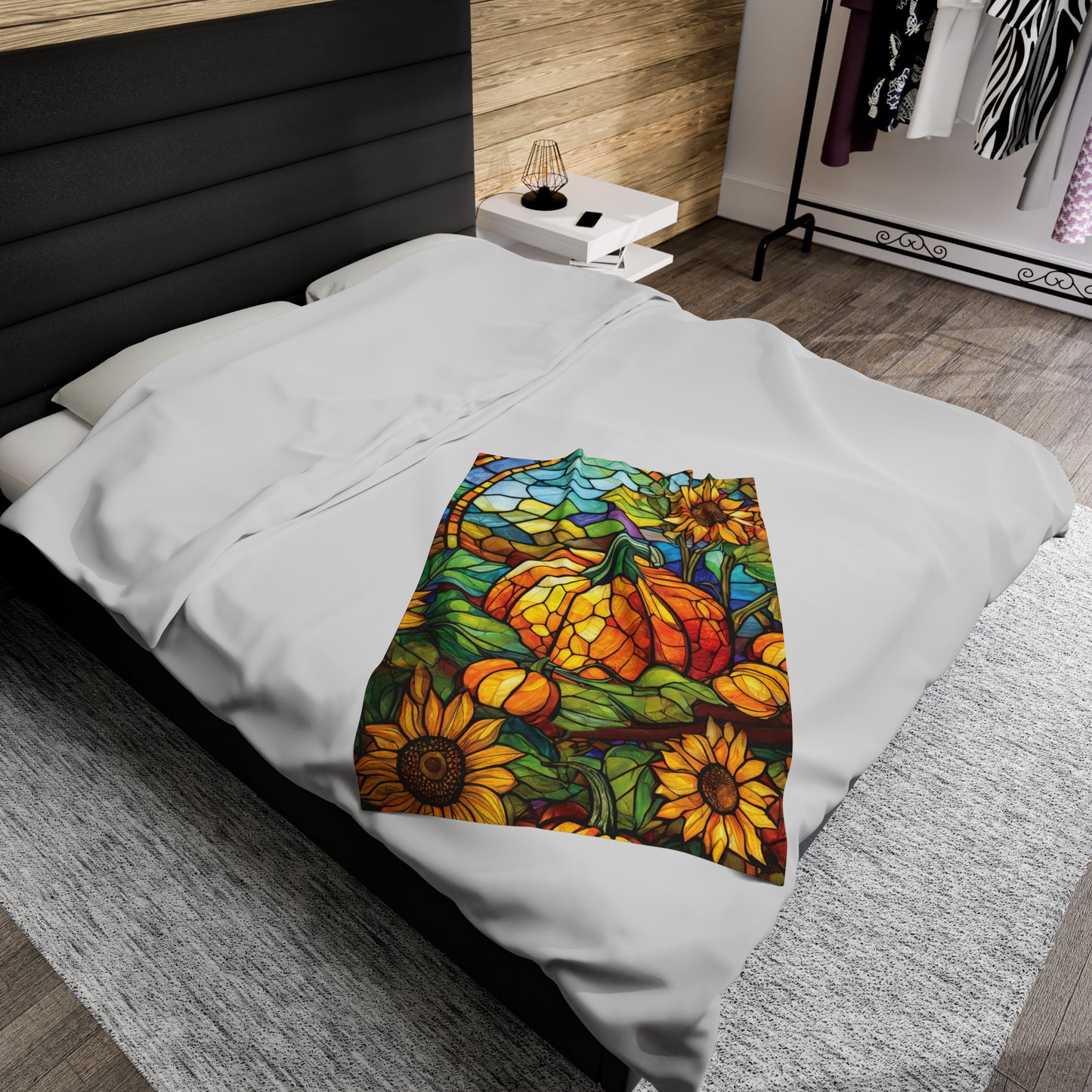 Stained Glass Pumpkin Sunflower Patch Fall Design Plush Blanket
