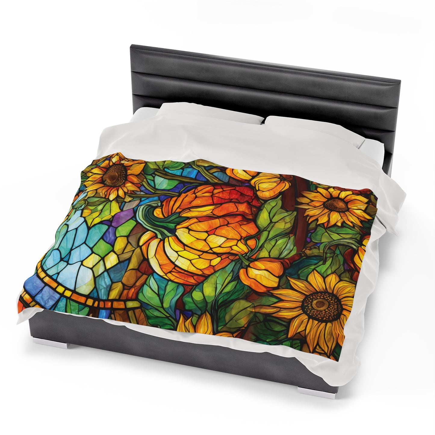 Stained Glass Pumpkin Sunflower Patch Fall Design Plush Blanket