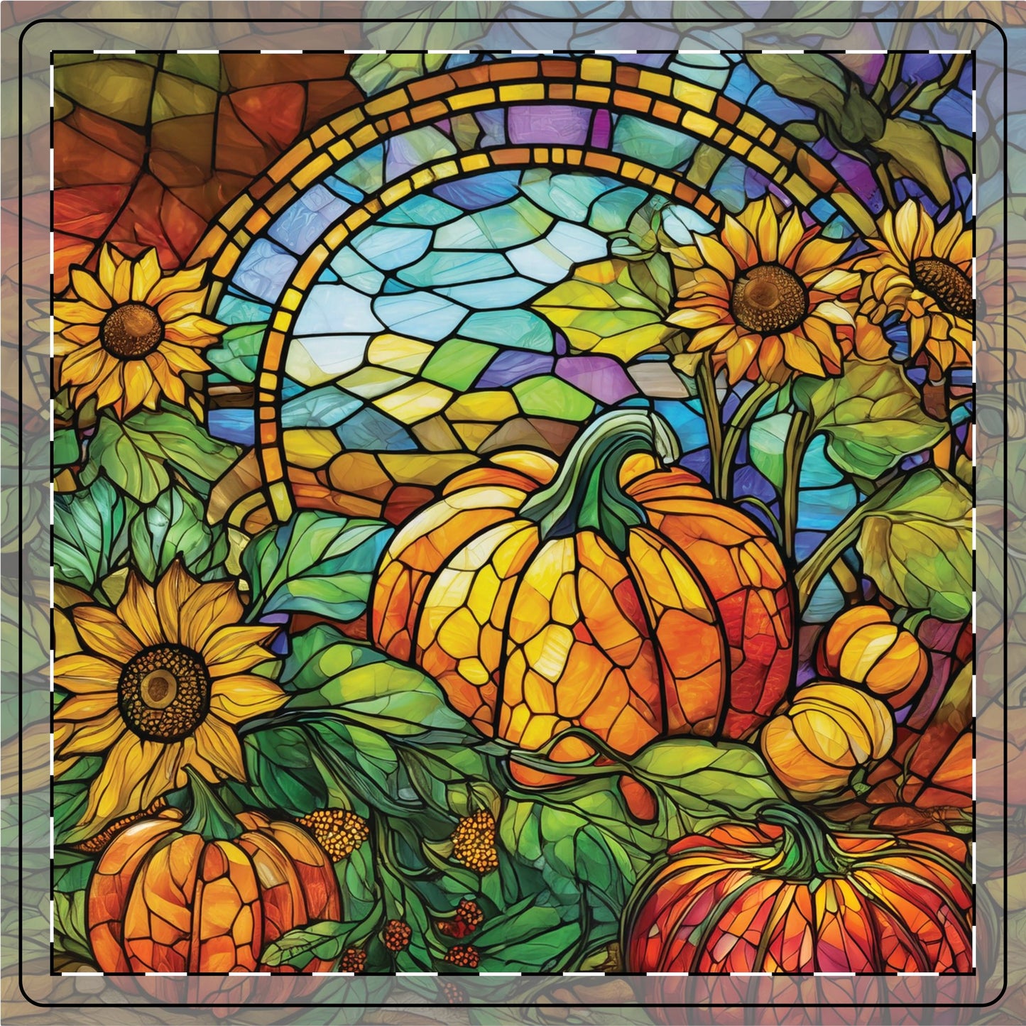 Arrival of Fall - Stained Glass Fall Pumpkins and Leaves Ceramic Coaster