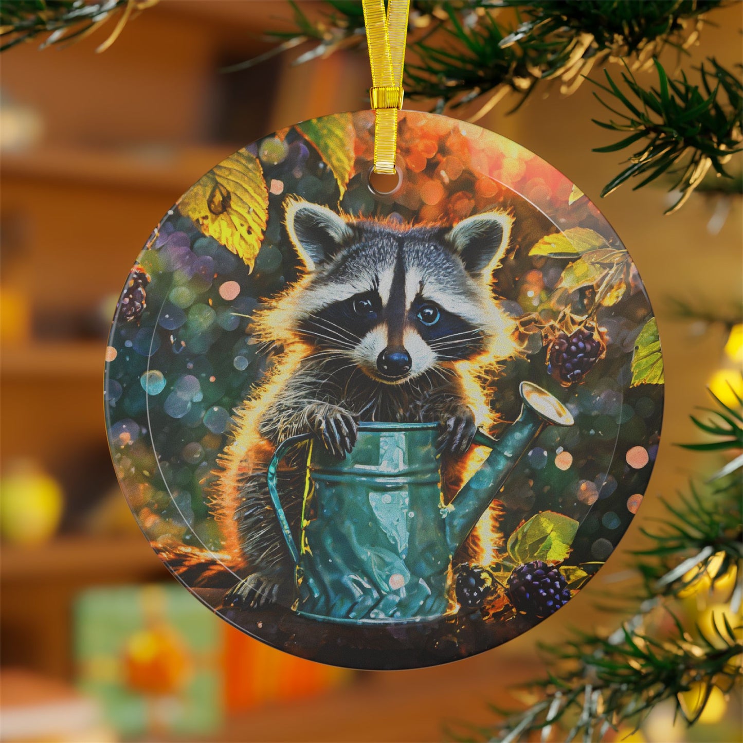 Beveled Glass Ornament Adorable Baby Raccoon in Garden Sunrise Perfect Gift for Wildlife Lovers Garden Enthusiasts Light Catcher