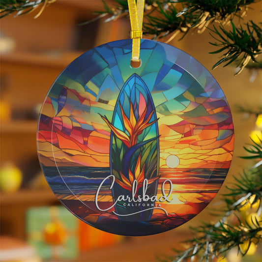 Beveled Glass Surfboard Ornament | Stained Glass Sunset Beach Scene in Carlsbad | Perfect Gift for Beach Lovers Light Catcher