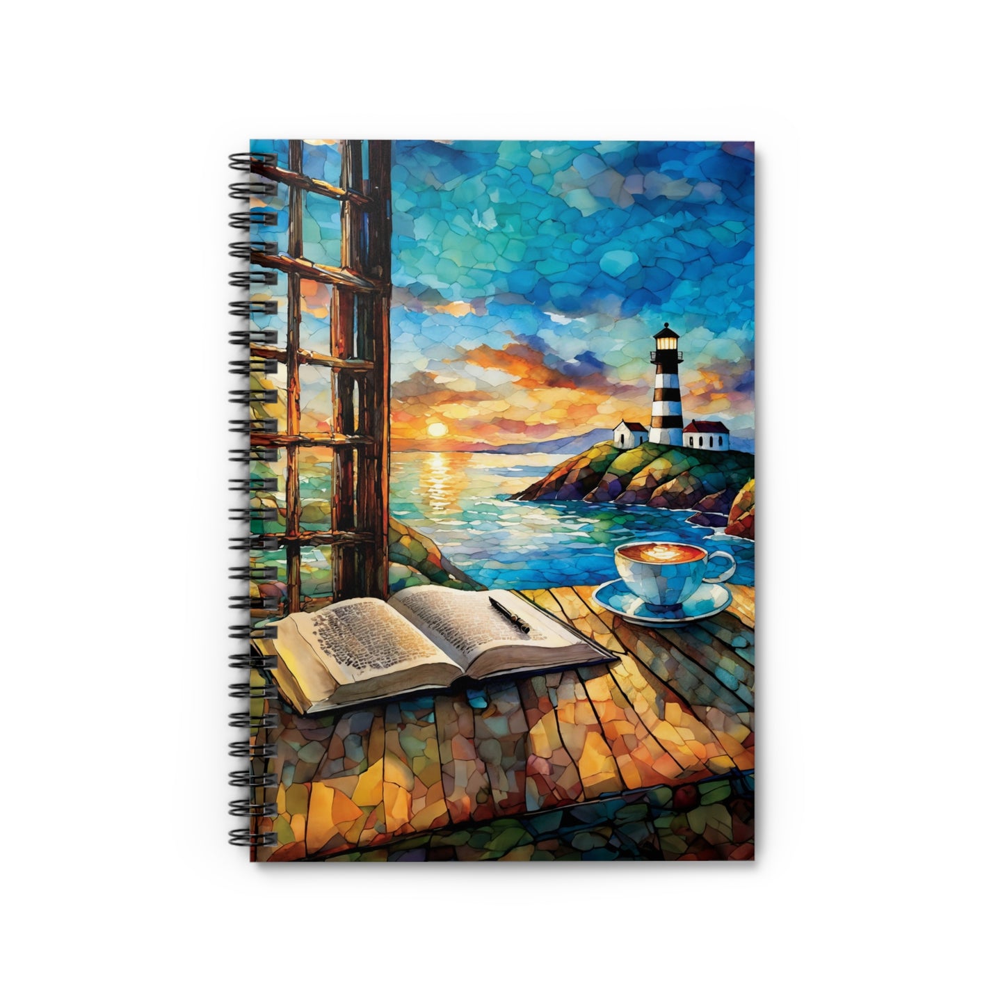 Nautical Spiral Journal Ruled Line Beach View Lighthouse Notebook Writers Gift Coffee Lover Diary Travel Journal Ocean Theme Planner