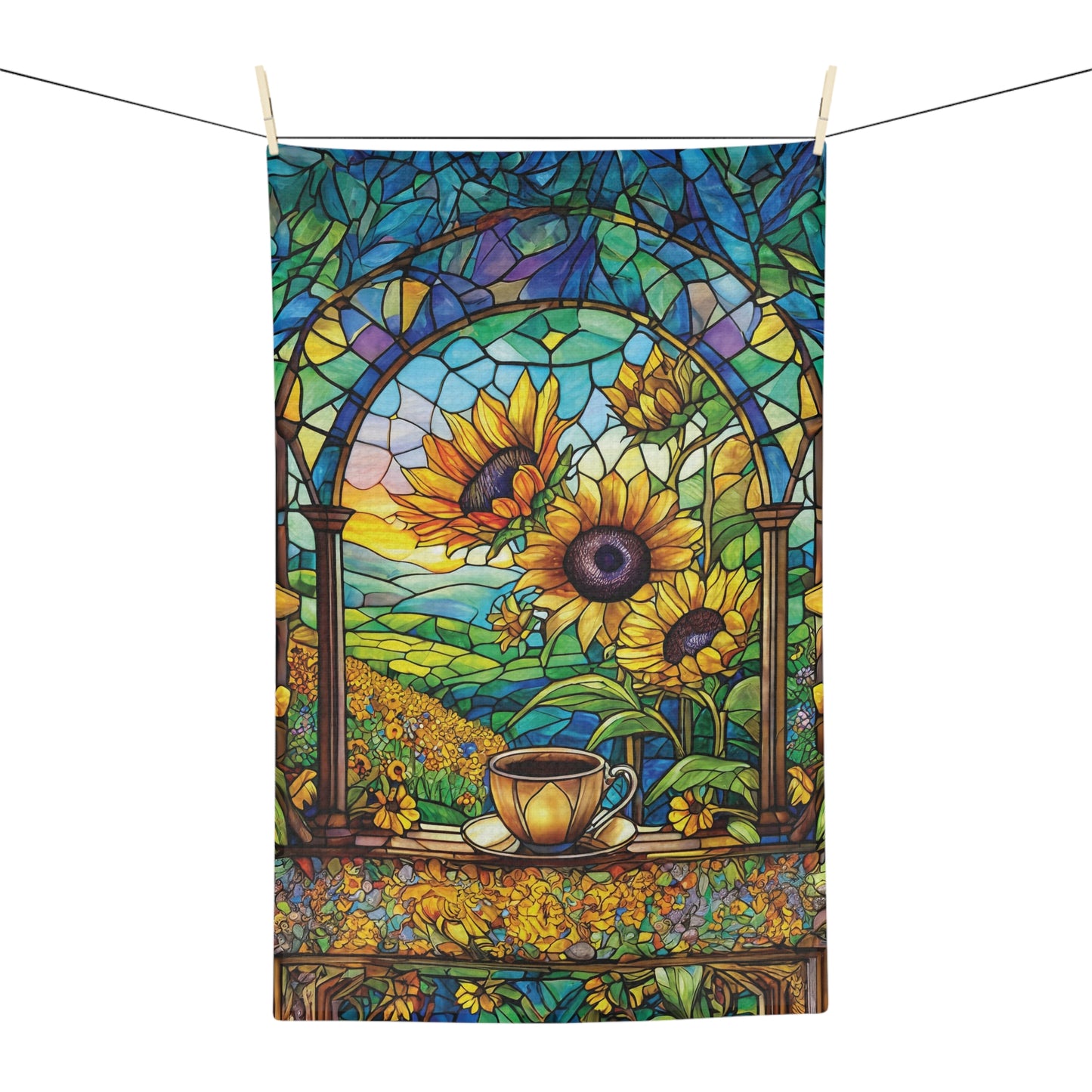 Swedish Garden Coffee View Stained Glass Sunflower Microfiber Tea Towel