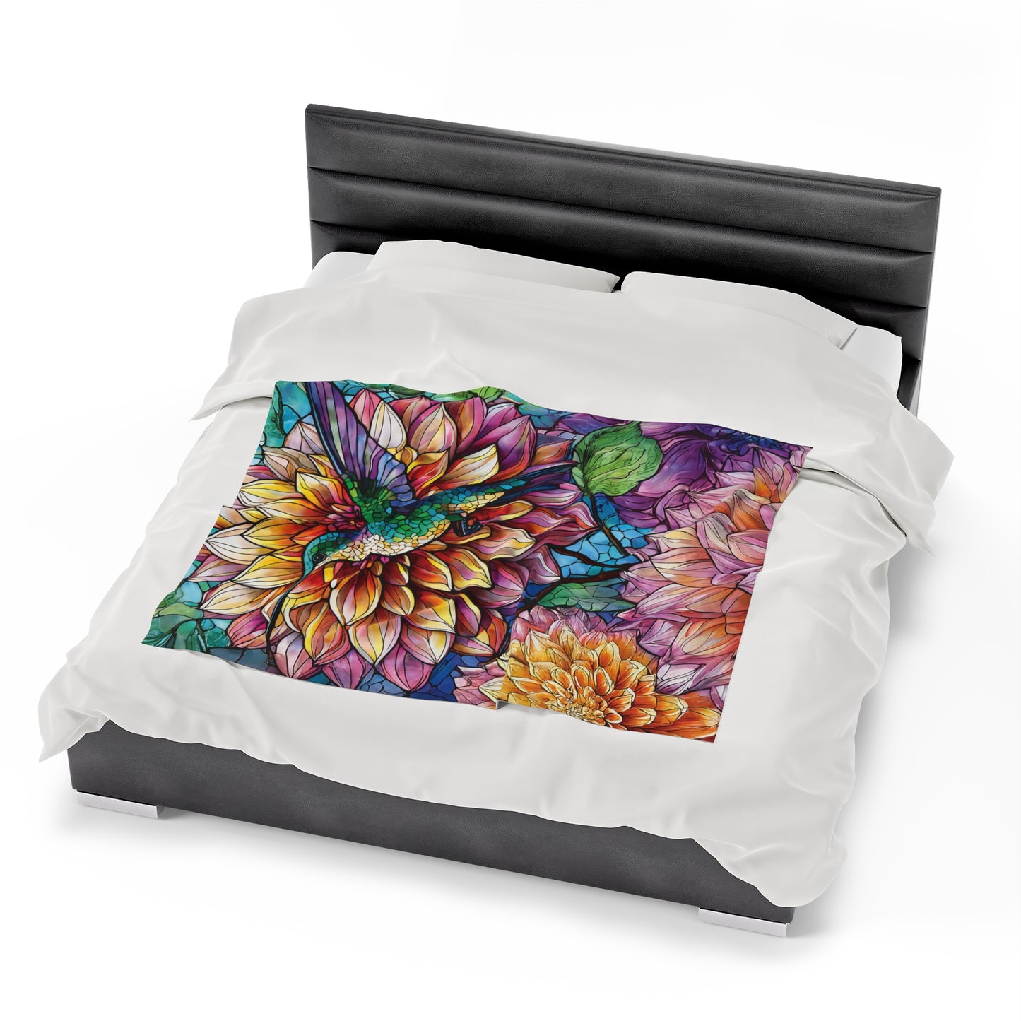 Hummingbird Dahlia Floral Soft Plush Blanket Gift for Gardner Nature Bird Lover Velveteen Plush Garden Blanket