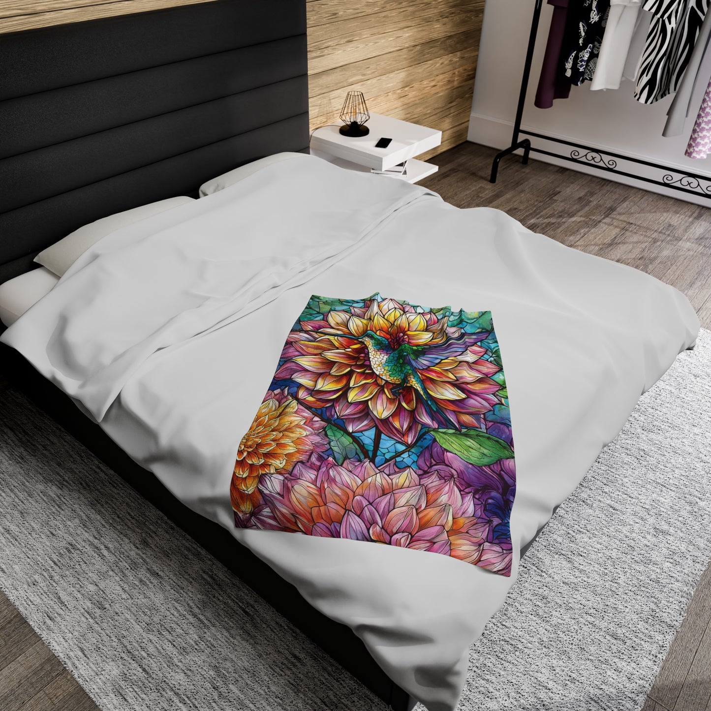 Hummingbird Dahlia Floral Soft Plush Blanket Gift for Gardner Nature Bird Lover Velveteen Plush Garden Blanket