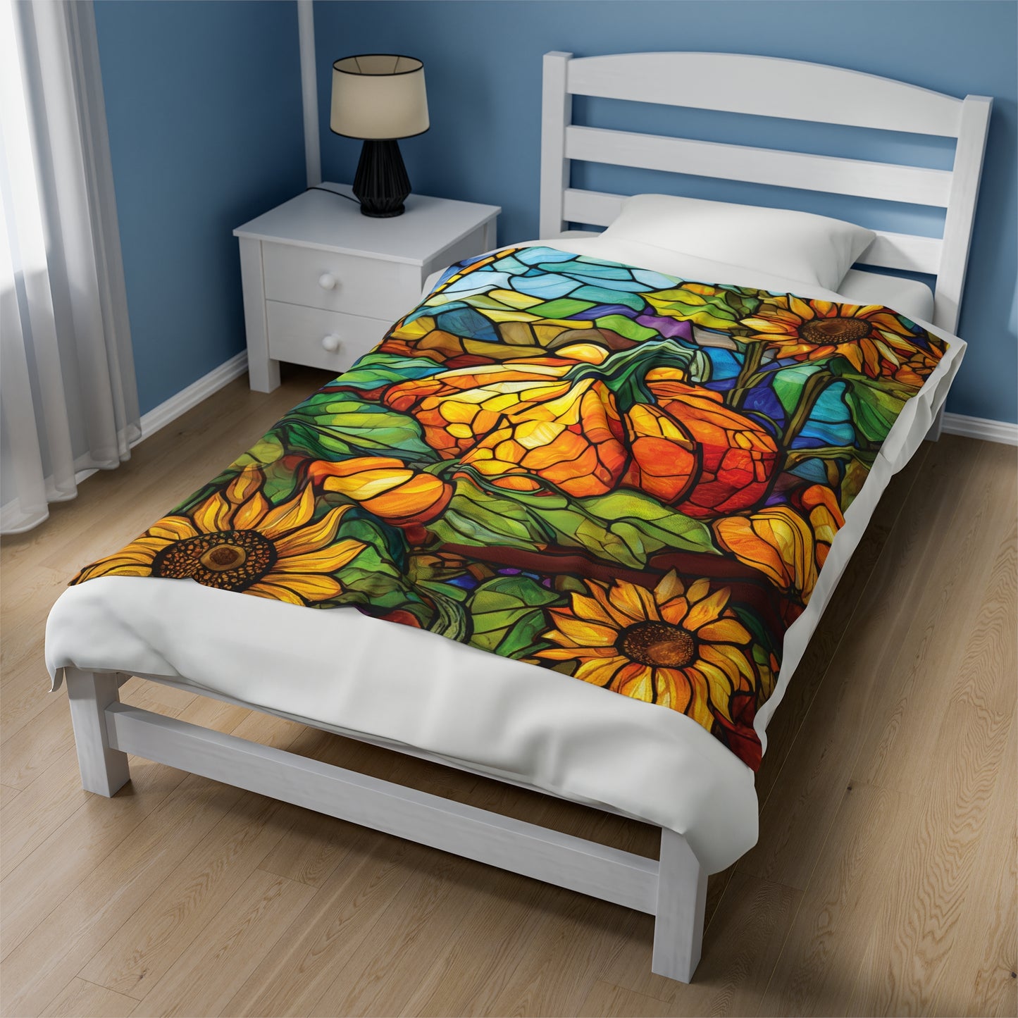 Stained Glass Pumpkin Sunflower Patch Fall Design Plush Blanket