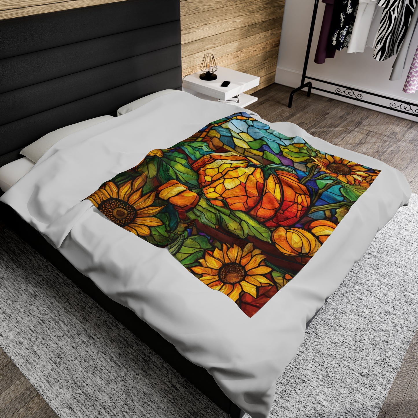 Stained Glass Pumpkin Sunflower Patch Fall Design Plush Blanket