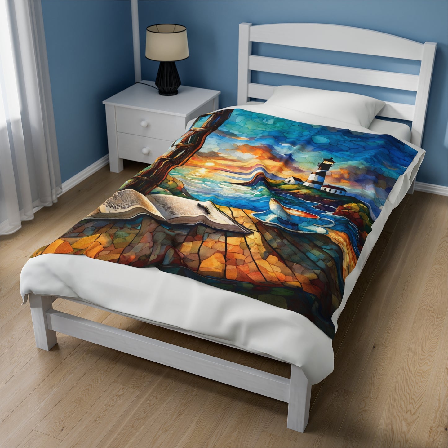 Velveteen Plush Blanket - Ocean View Lighthouse Cozy Soft Throw