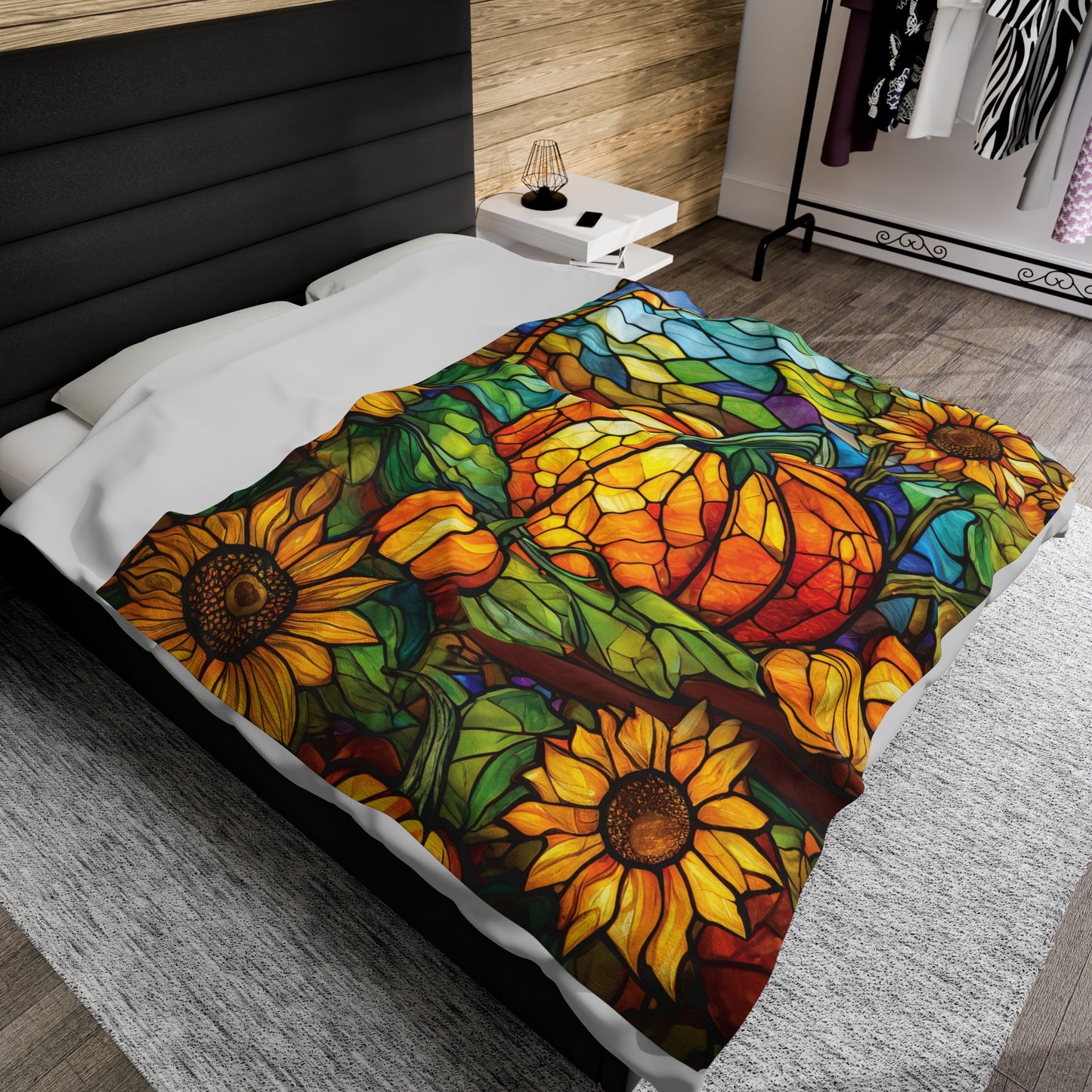 Stained Glass Pumpkin Sunflower Patch Fall Design Plush Blanket
