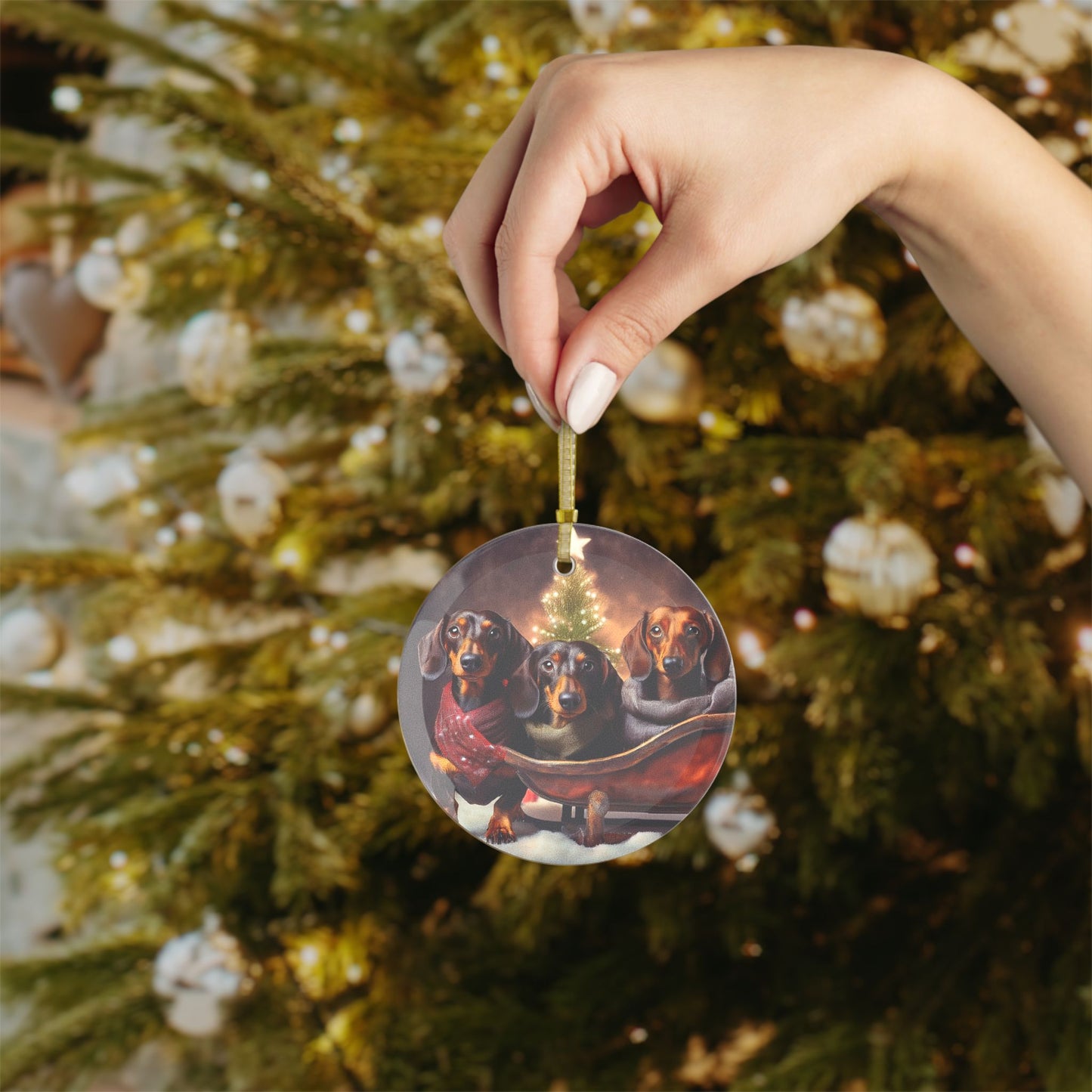 Beveled Glass Dachshunds in Sleigh Christmas Ornament Light Catcher for Holiday Decoration Perfect Gift for Doxie Lovers