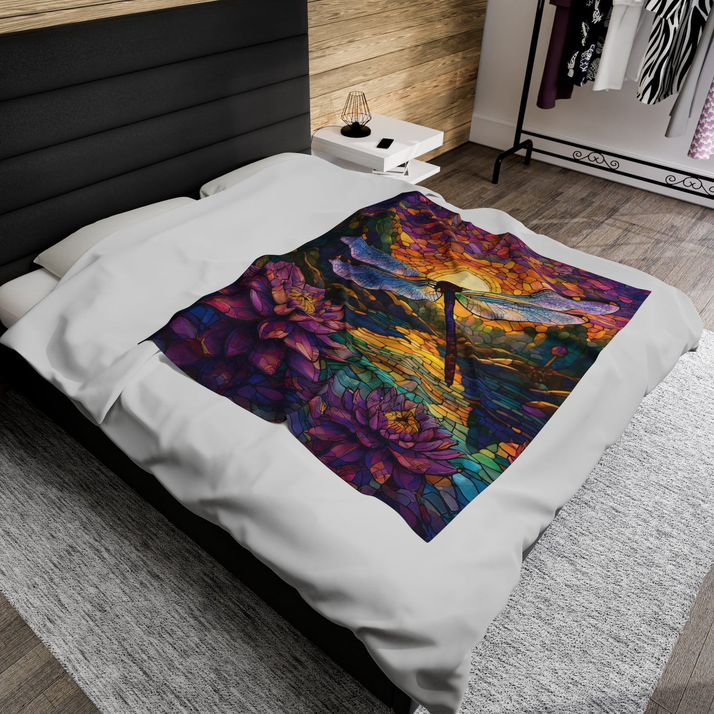 Lavender Dragonfly Gardener Gift Stained Glass Nature Lover Throw Soft Cozy Garden Themed Bedding Plush Soft Blanket Gift for Friend