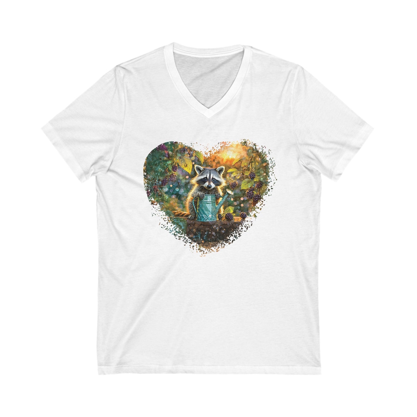 Raccoon in the Garden, Jersey Short Sleeve V-Neck Tee