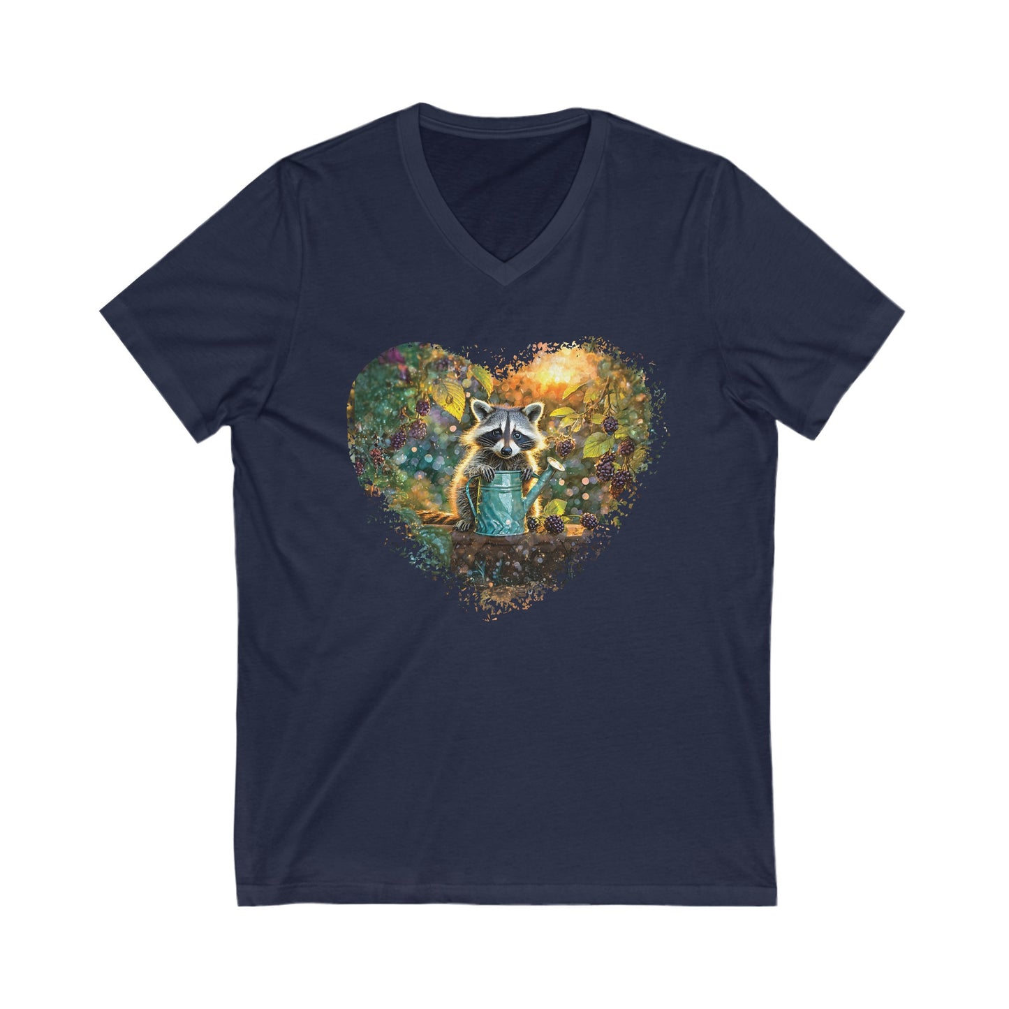 Raccoon in the Garden, Jersey Short Sleeve V-Neck Tee