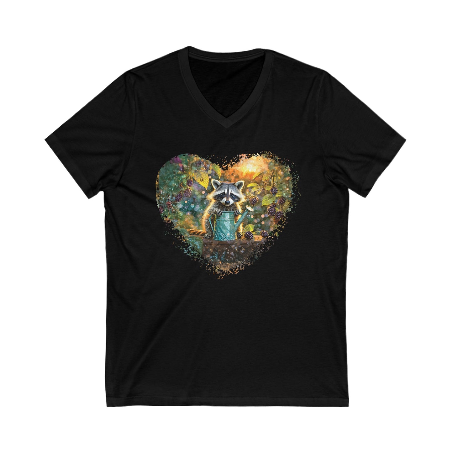 Raccoon in the Garden, Jersey Short Sleeve V-Neck Tee