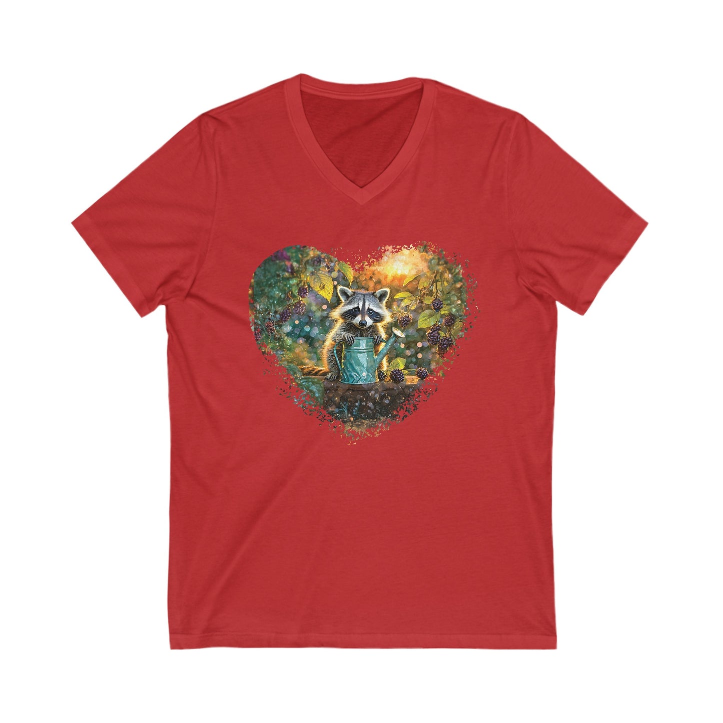 Raccoon in the Garden, Jersey Short Sleeve V-Neck Tee
