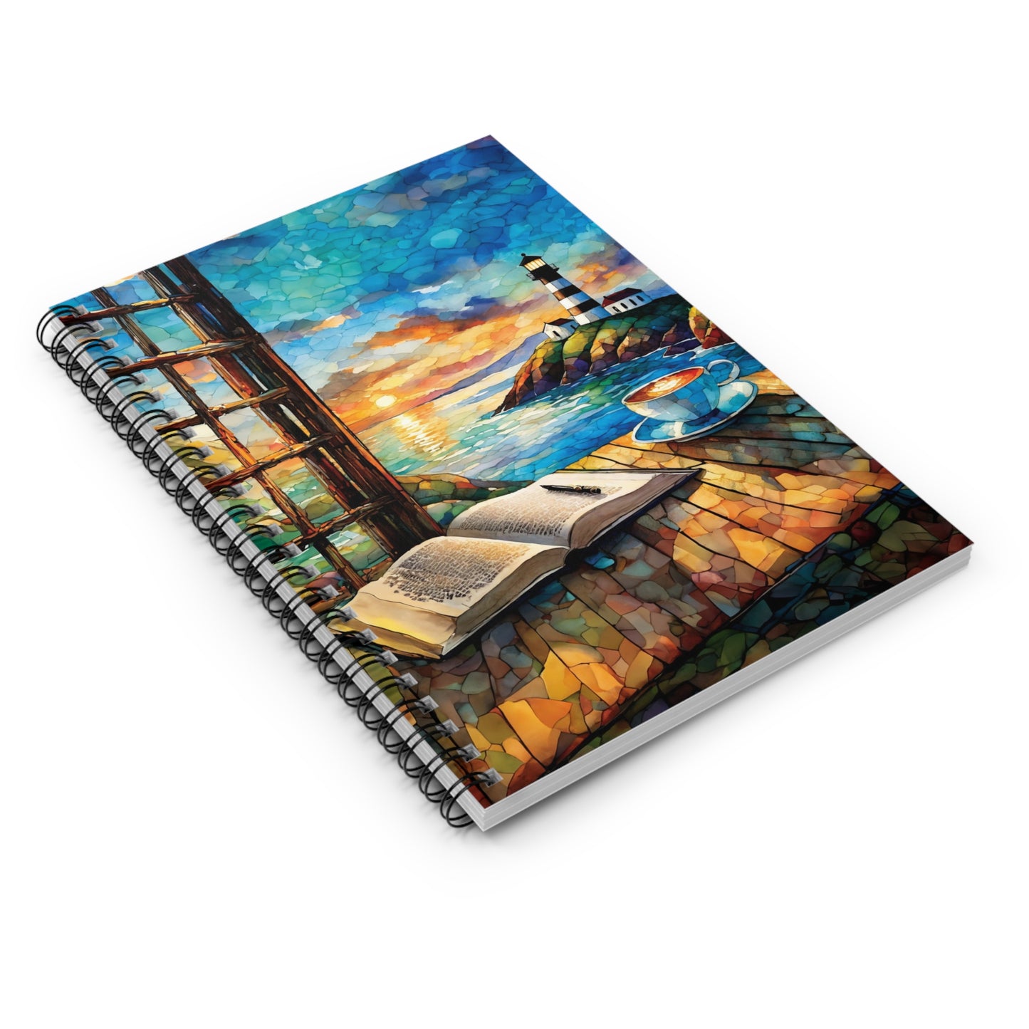 Nautical Spiral Journal Ruled Line Beach View Lighthouse Notebook Writers Gift Coffee Lover Diary Travel Journal Ocean Theme Planner