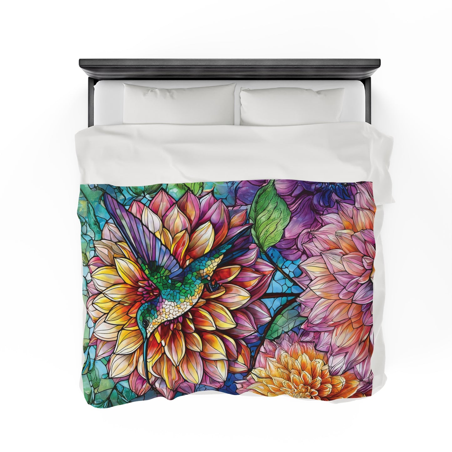 Hummingbird Dahlia Floral Soft Plush Blanket Gift for Gardner Nature Bird Lover Velveteen Plush Garden Blanket