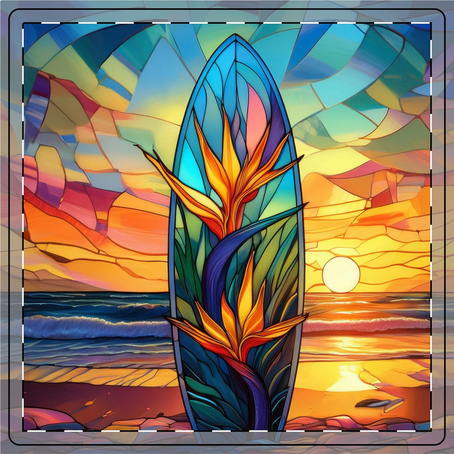 Stained Glass Beach View Ceramic Coaster