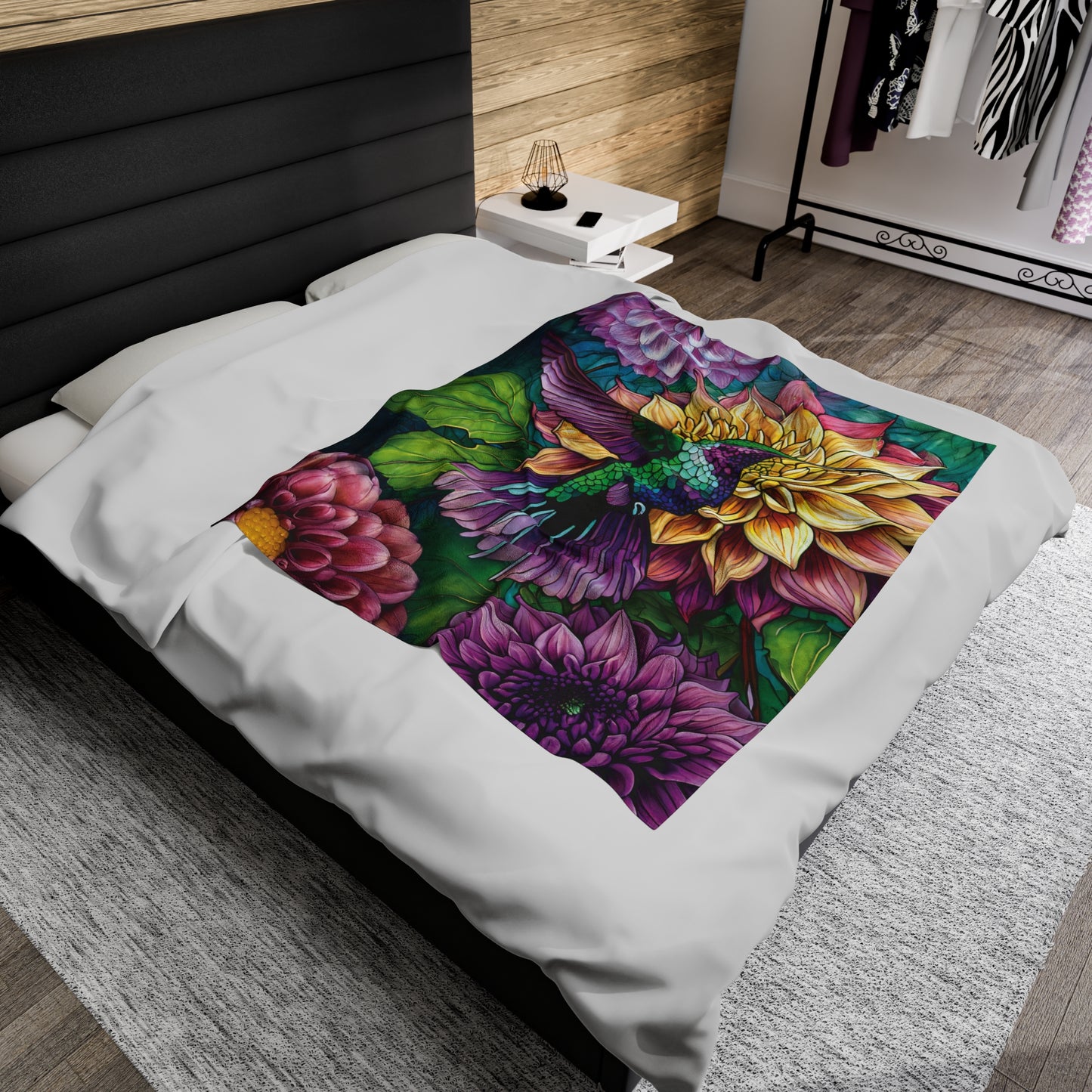 Vibrant Floral Design with Hummingbird and Dahlia Perfect Gift for Gardeners and Nature Lovers Plush Blanket