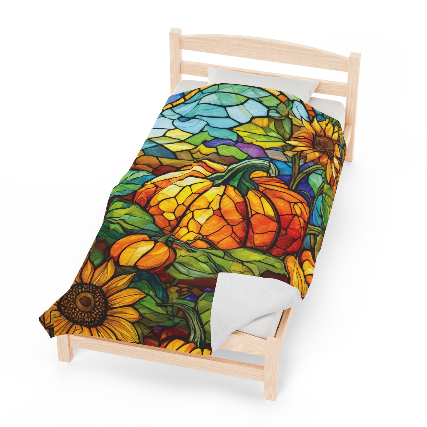Stained Glass Pumpkin Sunflower Patch Fall Design Plush Blanket