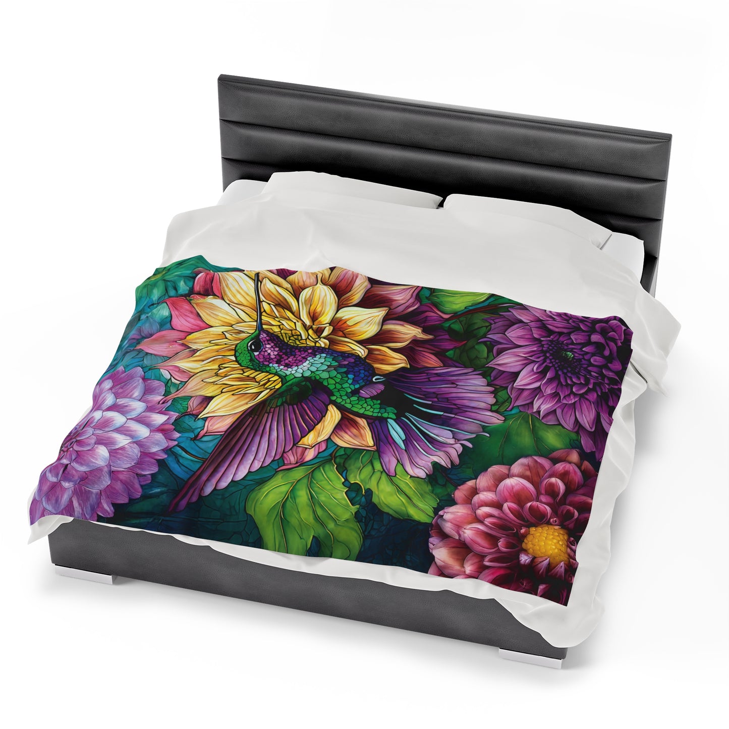 Vibrant Floral Design with Hummingbird and Dahlia Perfect Gift for Gardeners and Nature Lovers Plush Blanket