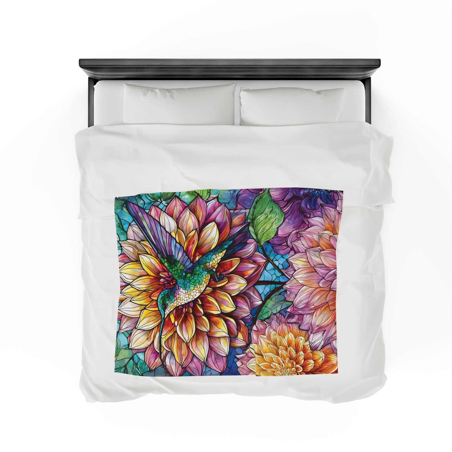 Hummingbird Dahlia Floral Soft Plush Blanket Gift for Gardner Nature Bird Lover Velveteen Plush Garden Blanket