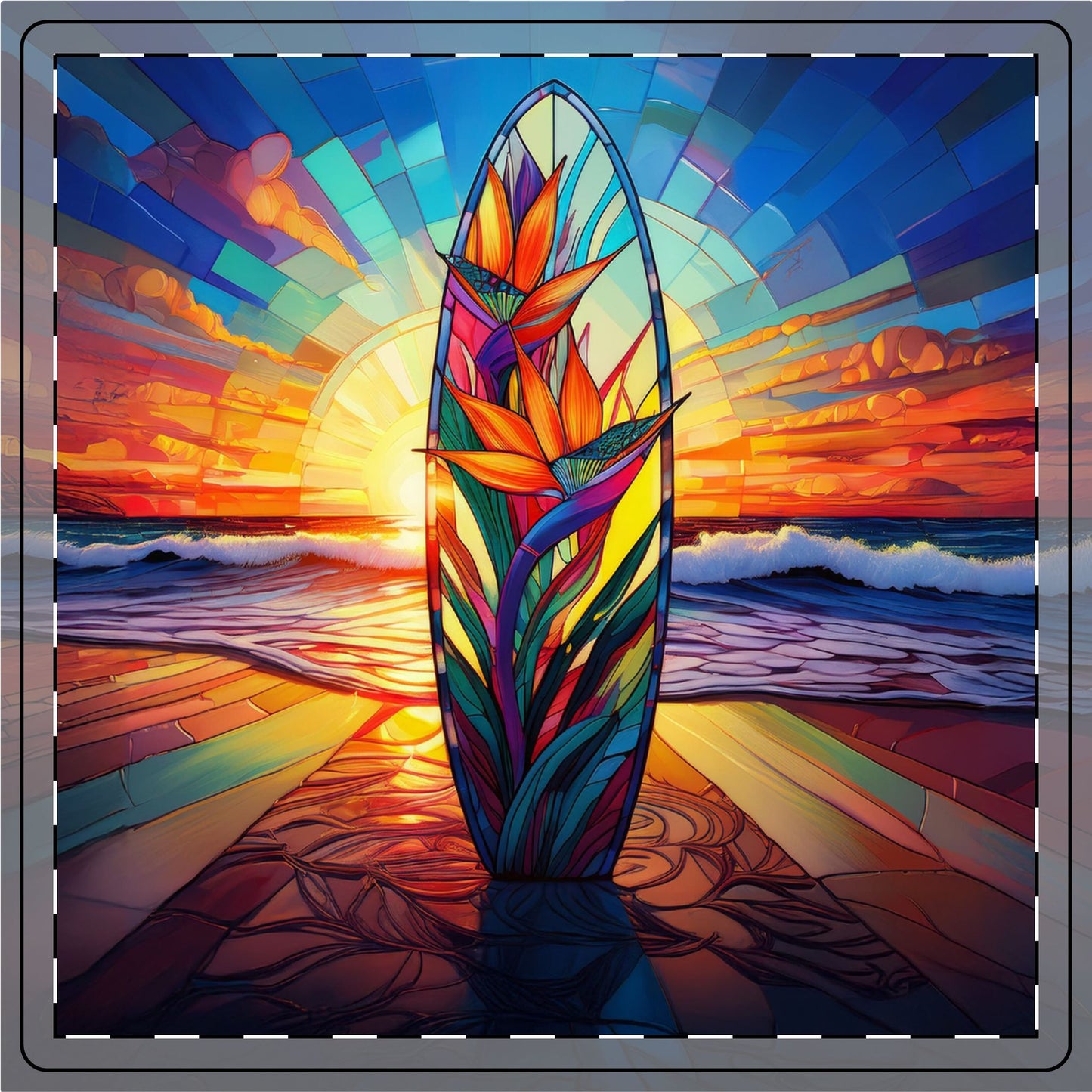 Stained Glass Surfboard Sunset Ceramic Coaster