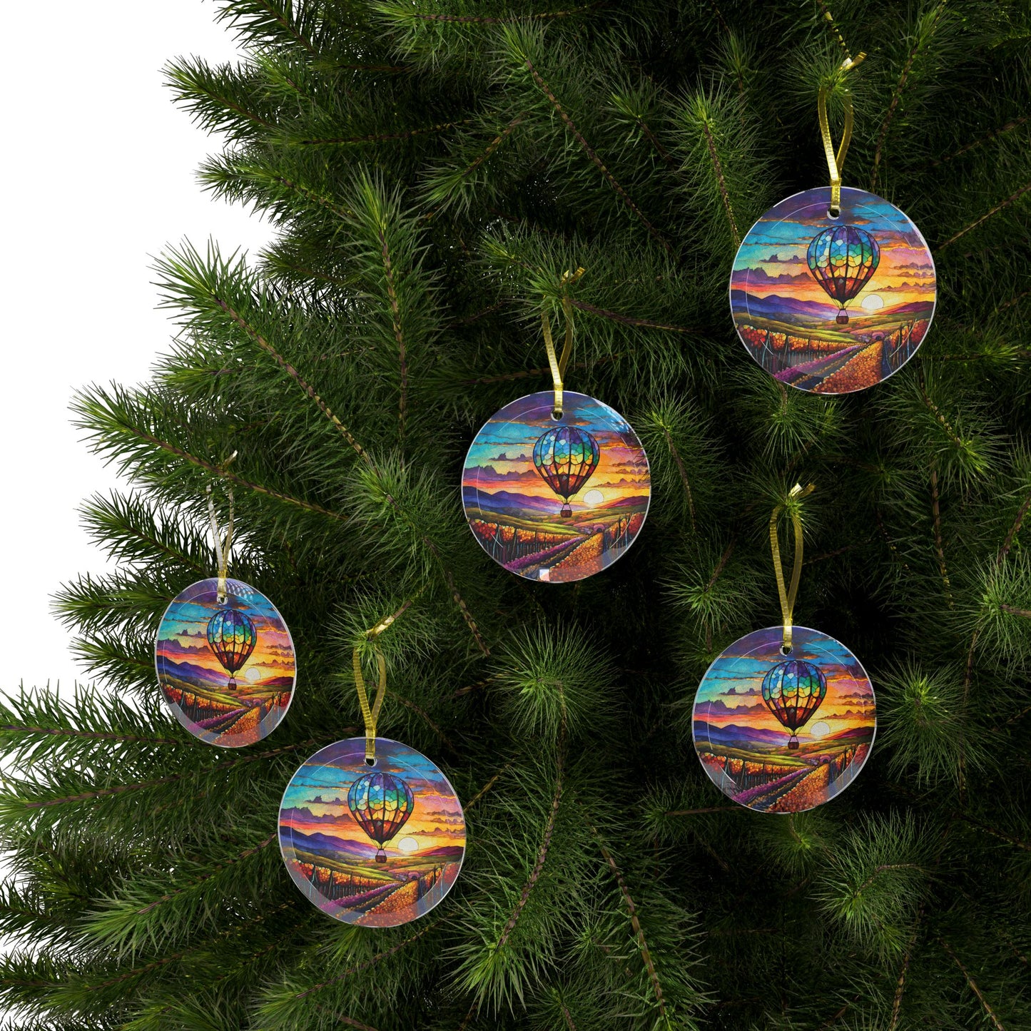 Hot Air Balloon Flying Over Wine Country Beveled Glass Ornament Light Catcher Perfect Gift for Adventurers and Wine Enthusiasts