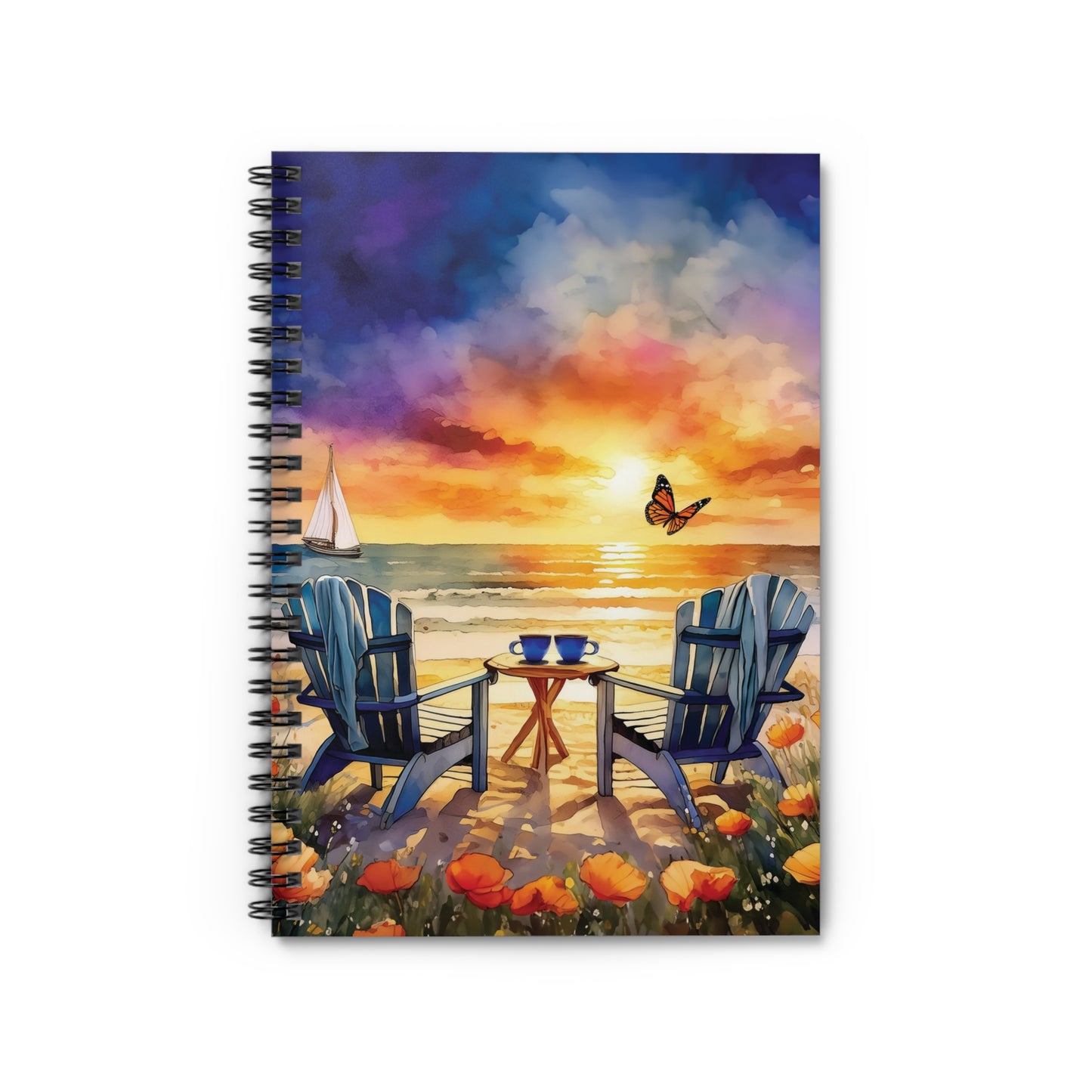 Beach Sunset Spiral Notebook Ruled Line Journal Sketchbook Planner Diary Adirondack Chairs Coffee Cups