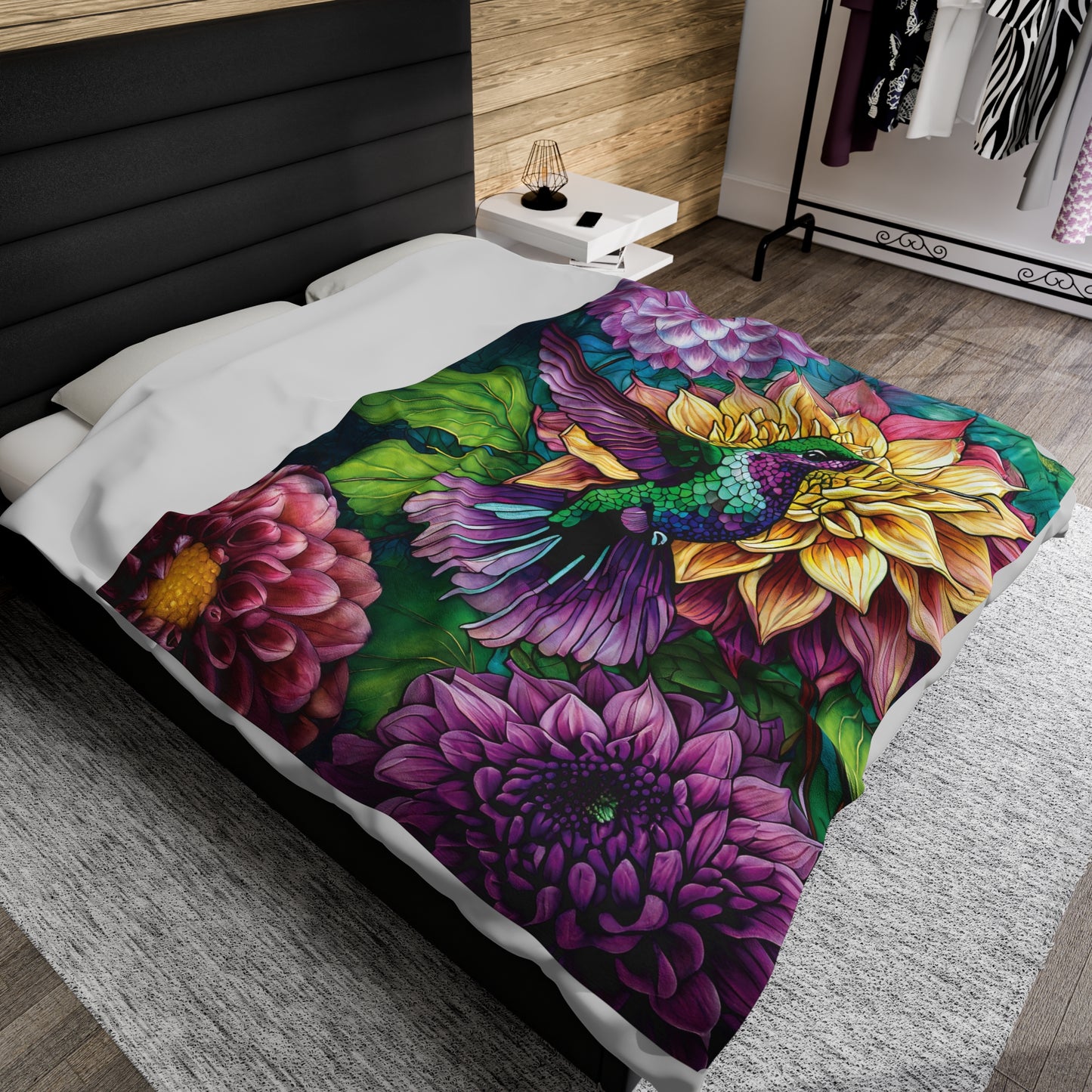 Vibrant Floral Design with Hummingbird and Dahlia Perfect Gift for Gardeners and Nature Lovers Plush Blanket