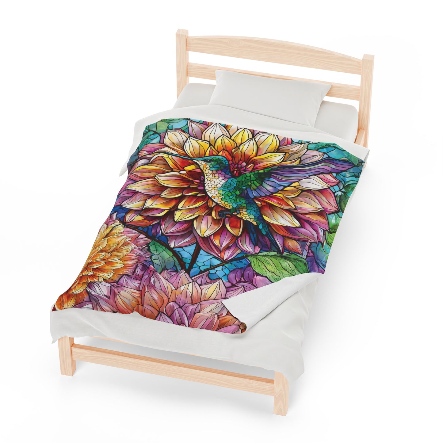 Hummingbird Dahlia Floral Soft Plush Blanket Gift for Gardner Nature Bird Lover Velveteen Plush Garden Blanket