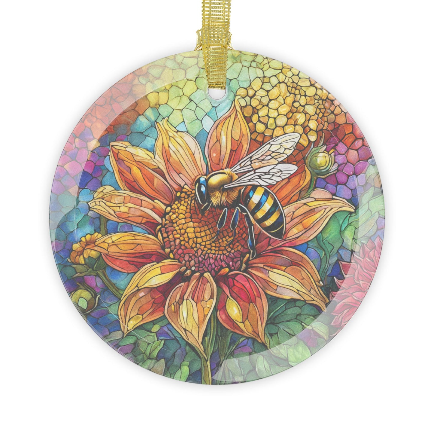 Beveled Glass Ornament Light Catcher Bee on Sunflower with Blue and Green Hues Perfect Gift for Bee Lovers and Nature Enthusiasts