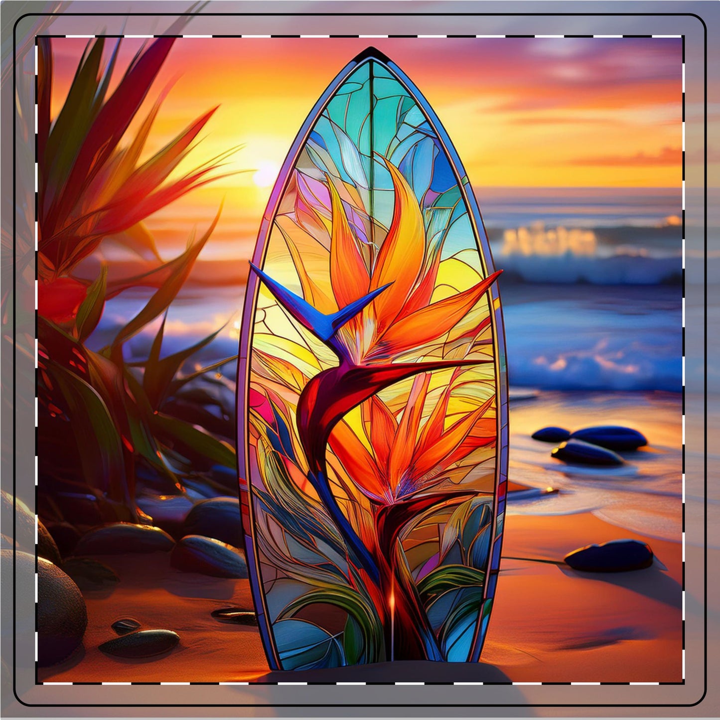 Stained Glass Surfs Up Sunset Ceramic Coaster
