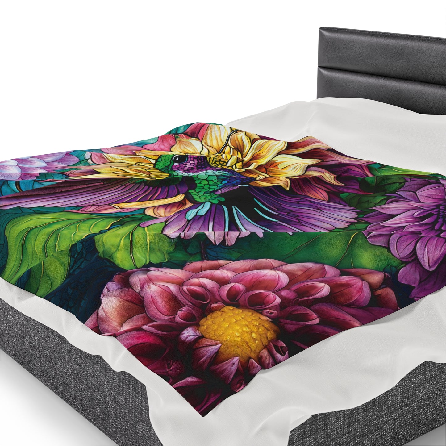 Vibrant Floral Design with Hummingbird and Dahlia Perfect Gift for Gardeners and Nature Lovers Plush Blanket
