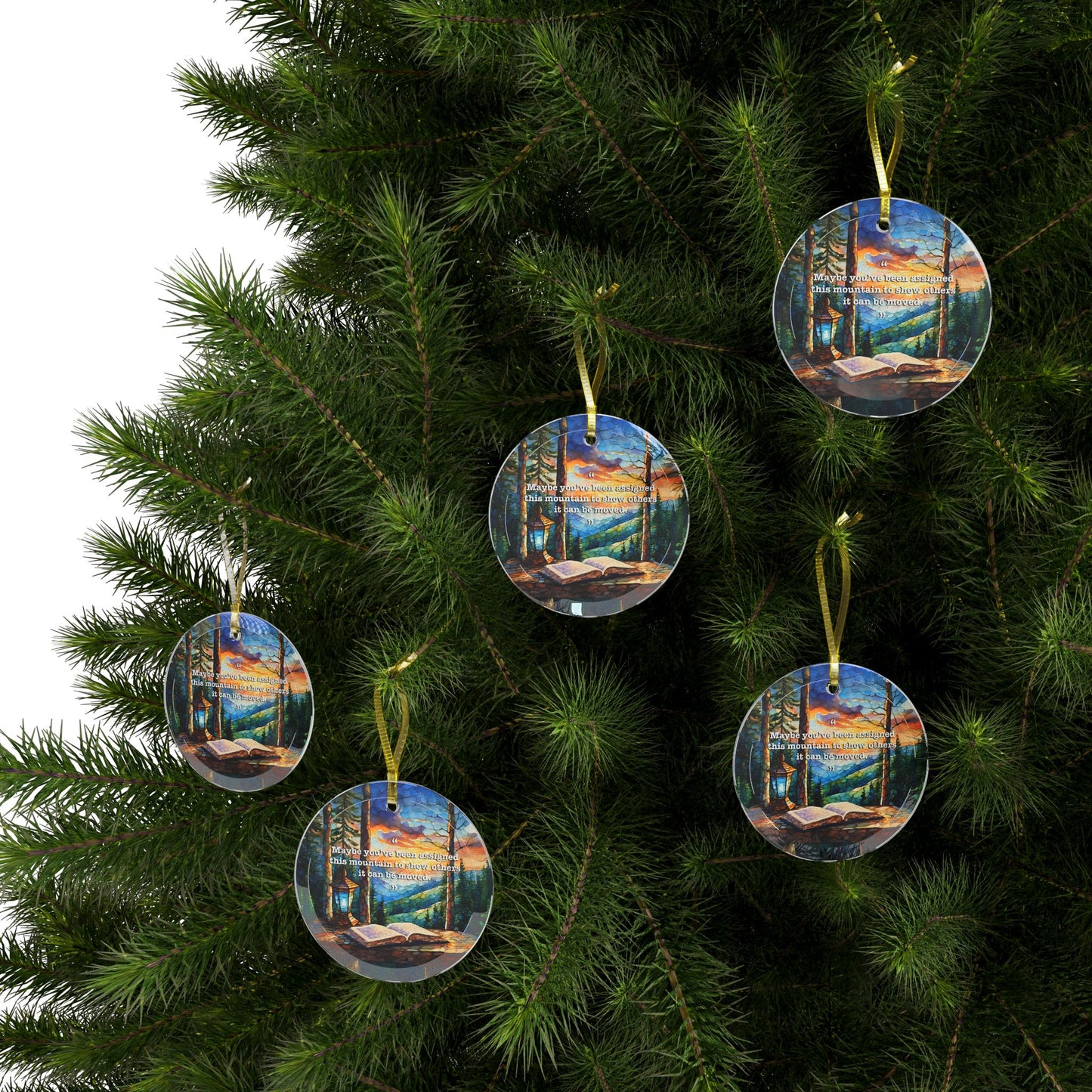 Glass Ornaments Mountain Scene Beveled Glass Ornament Light Catcher with Inspirational Quote Decorative Glass Art Holiday Ornaments