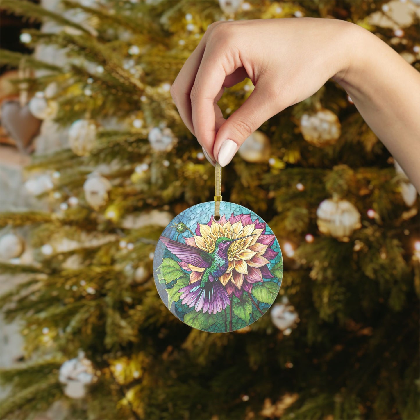 Hummingbird Dahlia Flower Beauty Queen Light Catcher Glass Ornaments