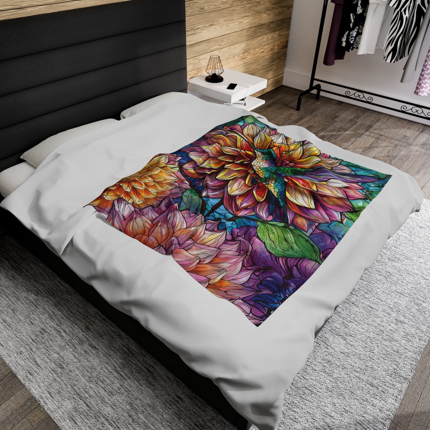 Hummingbird Dahlia Floral Soft Plush Blanket Gift for Gardner Nature Bird Lover Velveteen Plush Garden Blanket