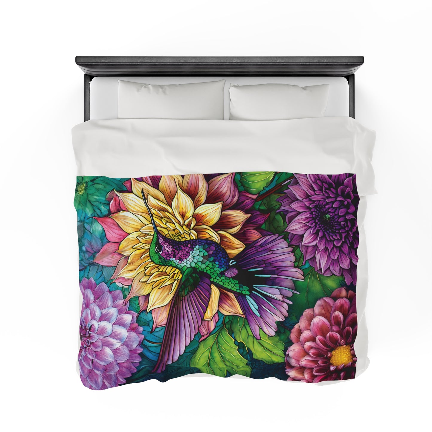 Vibrant Floral Design with Hummingbird and Dahlia Perfect Gift for Gardeners and Nature Lovers Plush Blanket
