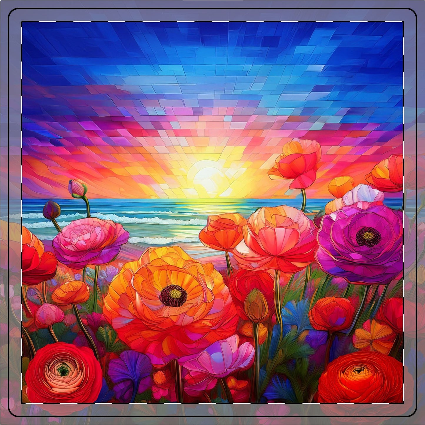 Stained Glass Ranuncula Flower Sunset Ceramic Coaster