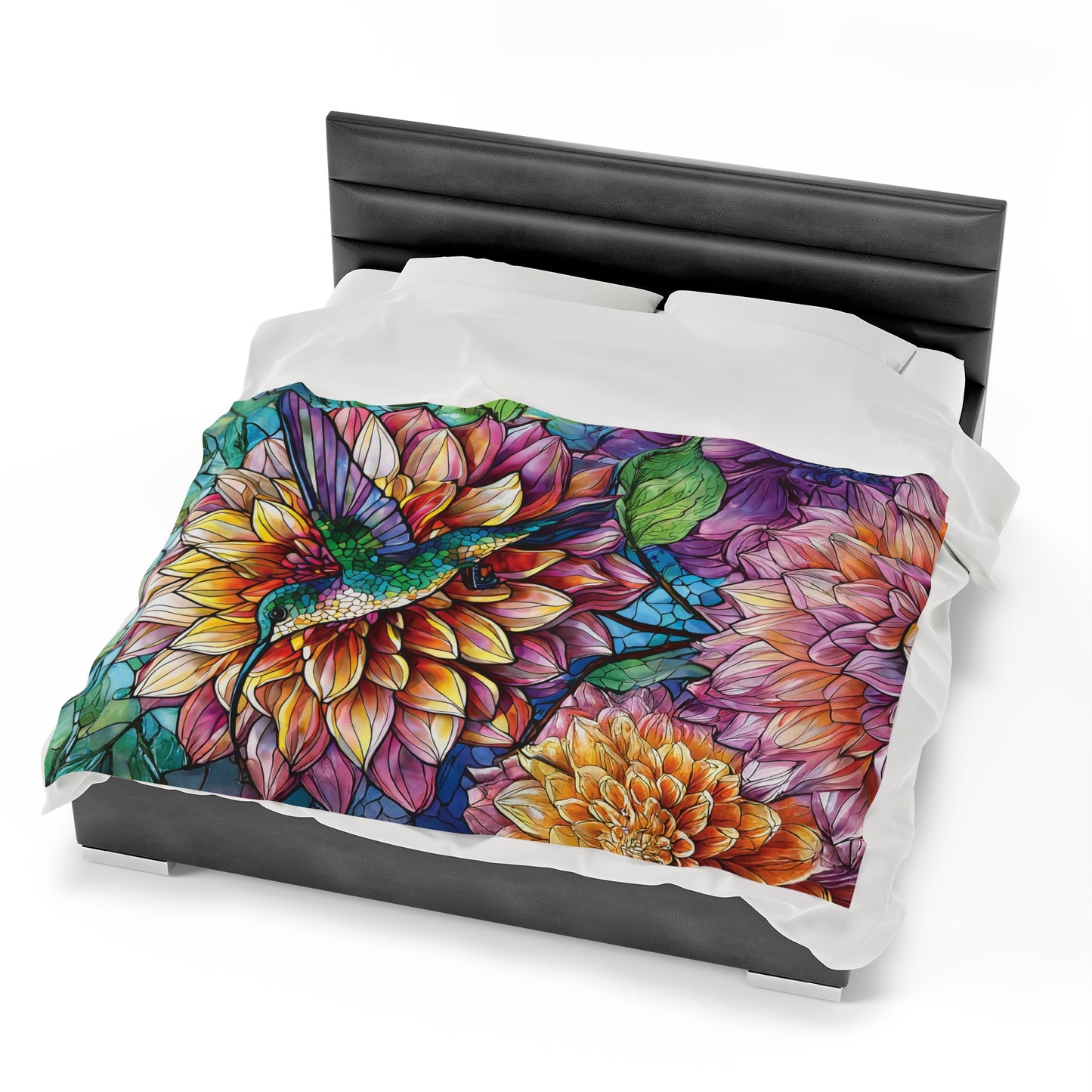 Hummingbird Dahlia Floral Soft Plush Blanket Gift for Gardner Nature Bird Lover Velveteen Plush Garden Blanket