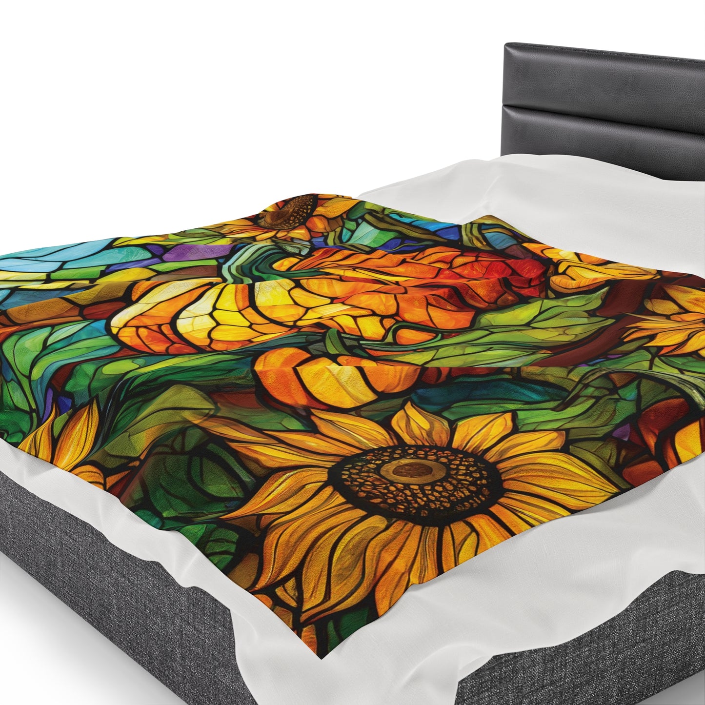 Stained Glass Pumpkin Sunflower Patch Fall Design Plush Blanket