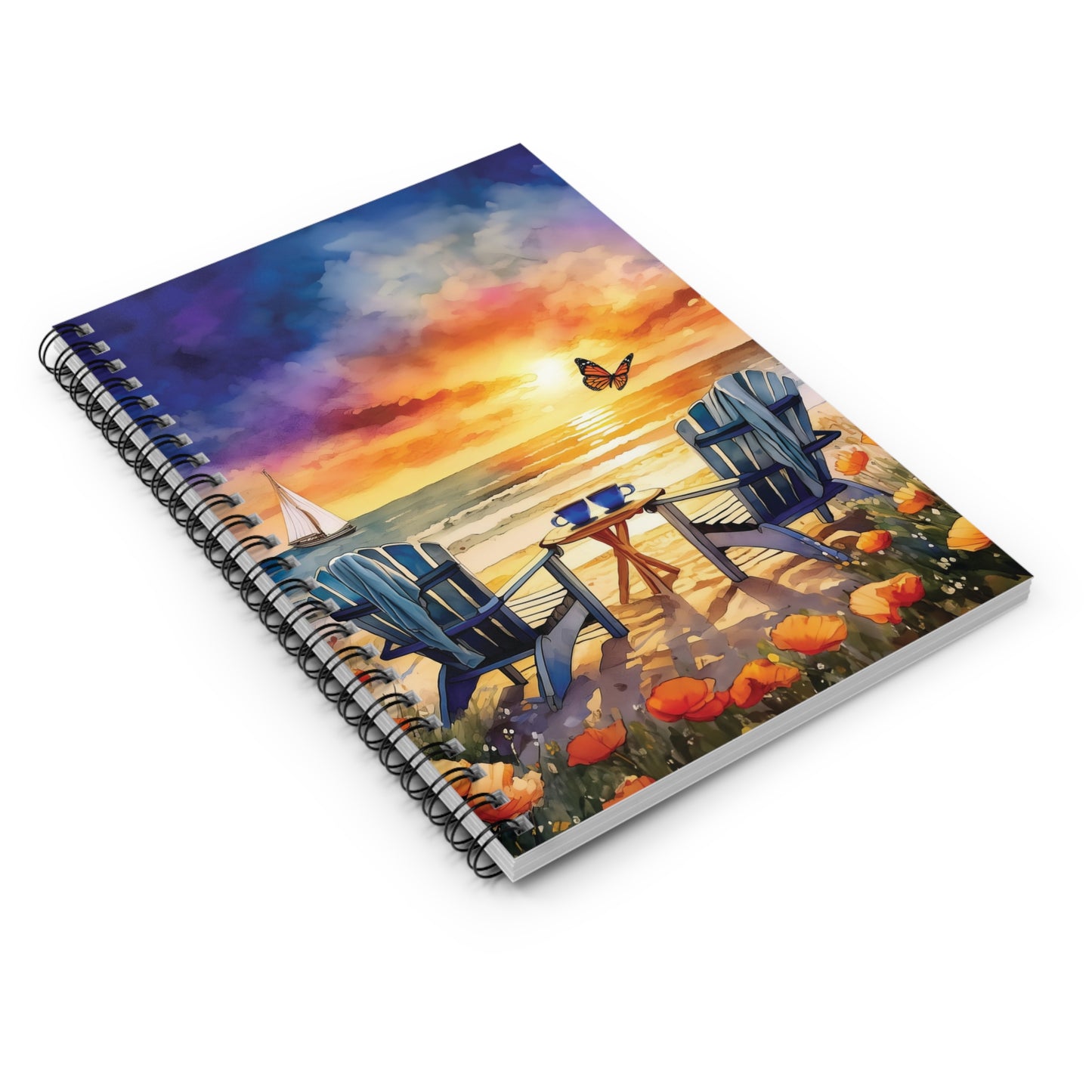 Beach Sunset Spiral Notebook Ruled Line Journal Sketchbook Planner Diary Adirondack Chairs Coffee Cups