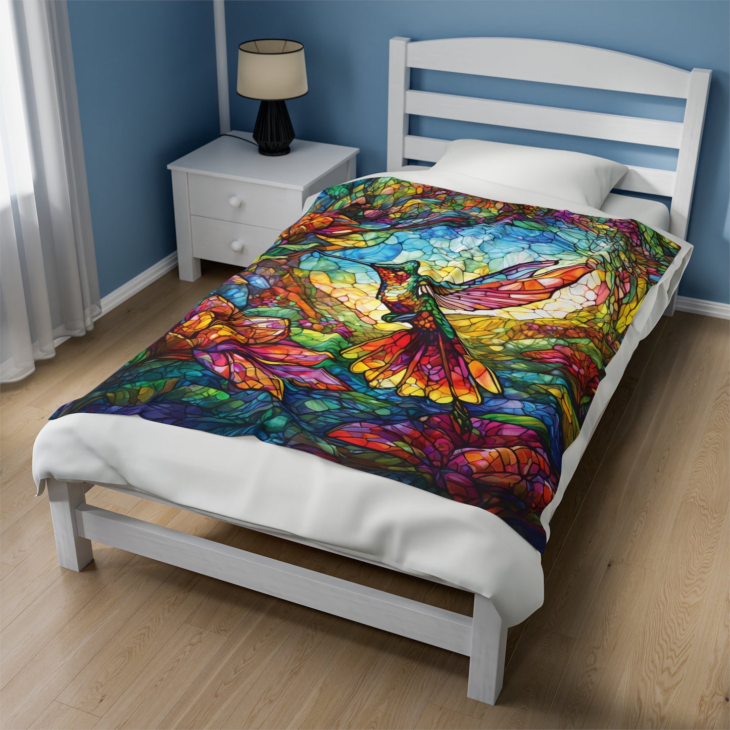 Stained Glass Hummingbird Velveteen Plush Blanket