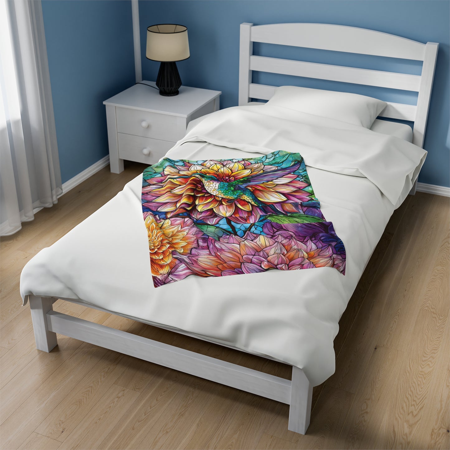 Hummingbird Dahlia Floral Soft Plush Blanket Gift for Gardner Nature Bird Lover Velveteen Plush Garden Blanket