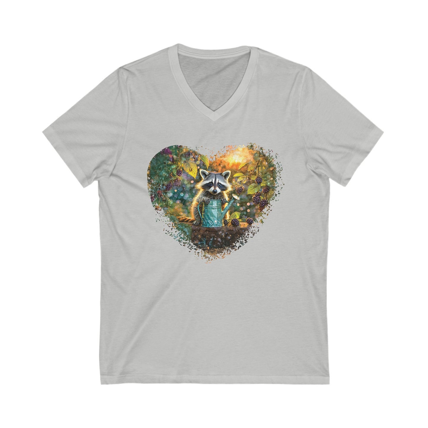 Raccoon in the Garden, Jersey Short Sleeve V-Neck Tee