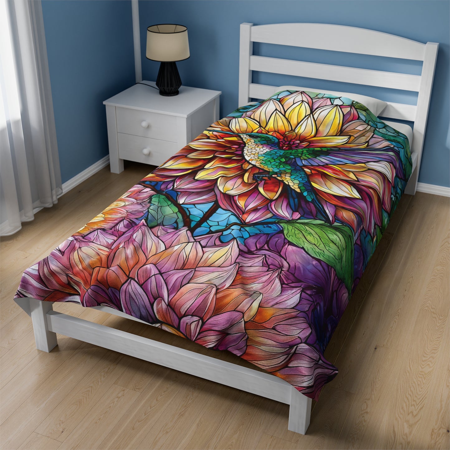 Hummingbird Dahlia Floral Soft Plush Blanket Gift for Gardner Nature Bird Lover Velveteen Plush Garden Blanket