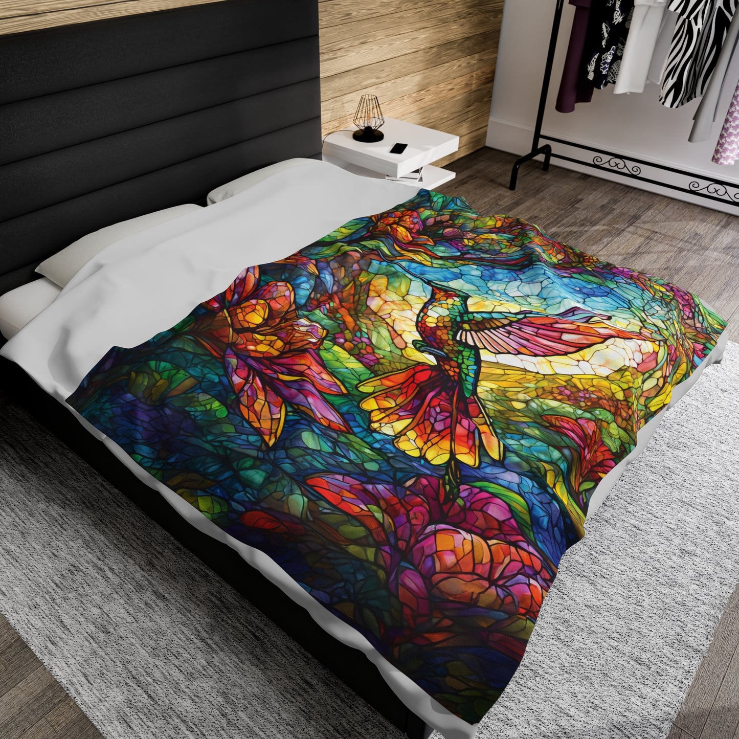 Stained Glass Hummingbird Velveteen Plush Blanket