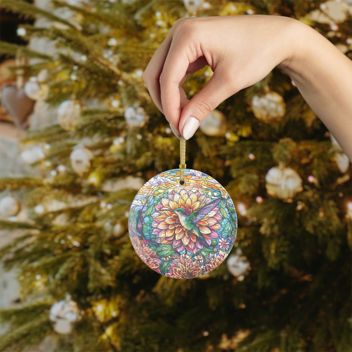 Dahlia Hummingbird Light Catcher Glass Ornament