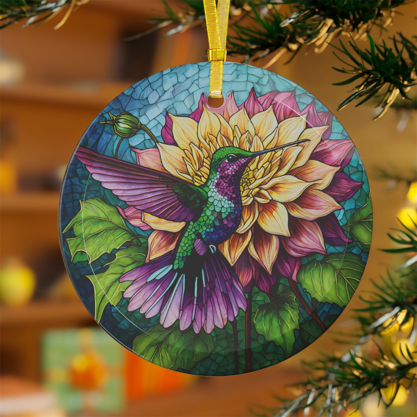 Hummingbird Dahlia Flower Beauty Queen Light Catcher Glass Ornaments