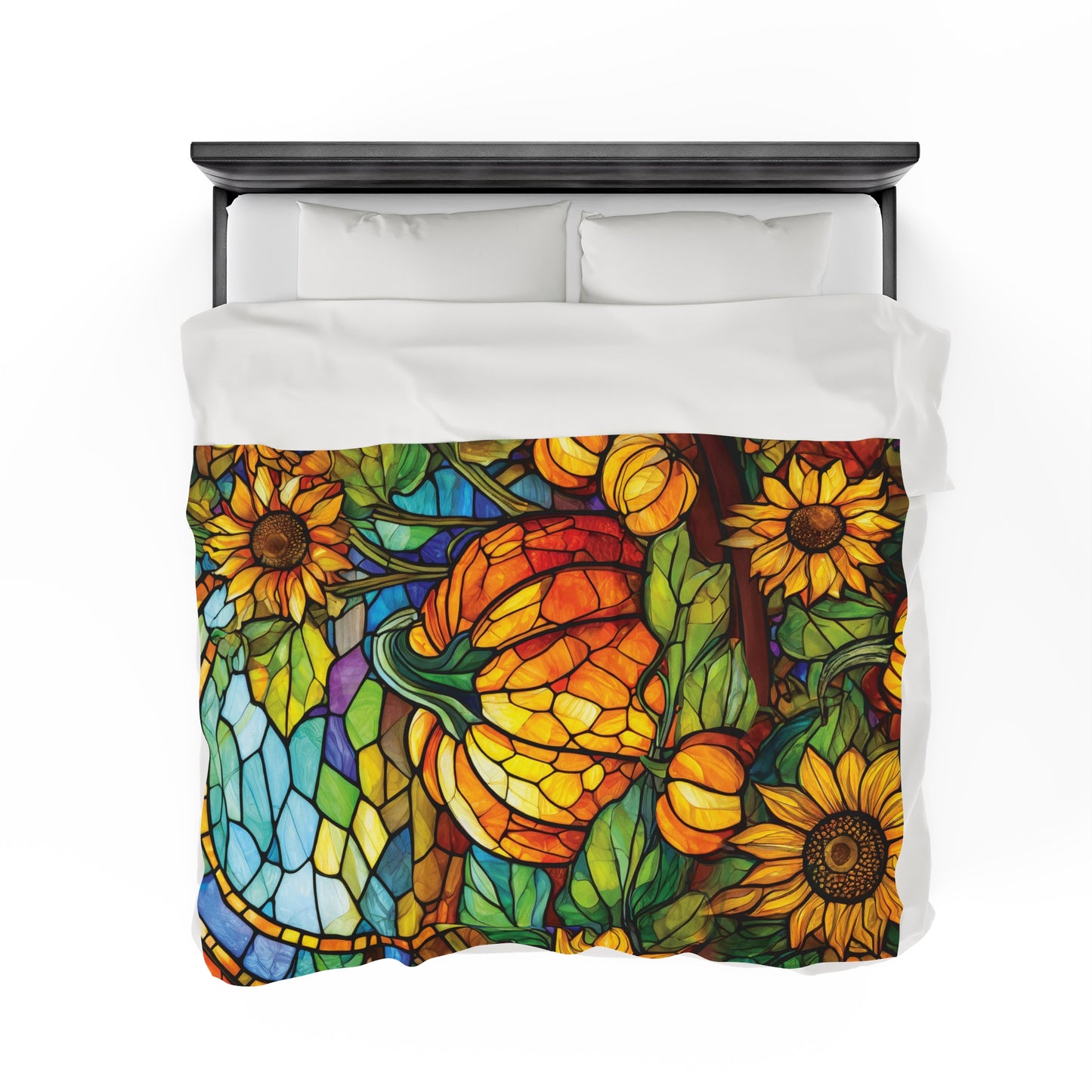 Stained Glass Pumpkin Sunflower Patch Fall Design Plush Blanket